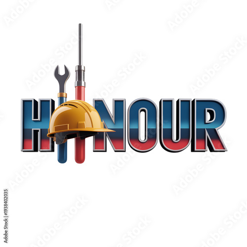 Honour Logo with Hard Hat and Tools in Red Blue Gradient on White Background for Construction Branding