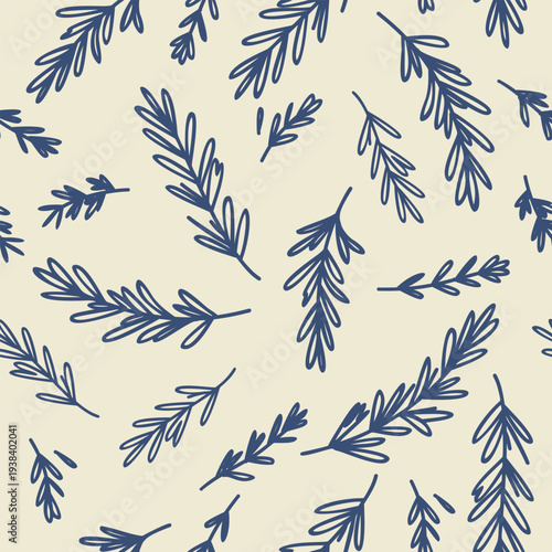 Vector seamless floral pattern with blue hand drawn rosemary on light creamy background