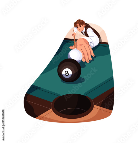 Boy plays billiard. Snooker player aims at pocket and strikes. Person hits ball with cue on table with green cloth. Sports game, competition. Flat isolated vector illustration on white background