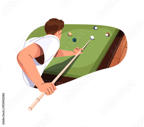 Billiard player aims and hits ball with cue at pocket. Boy plays snooker on green cloth table back view. Young man has fun at pool game. Flat isolated vector illustration on white background
