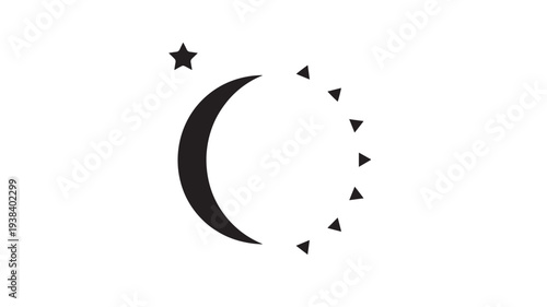 Crescent moon with star and scattered triangles abstract graphic with minimalist black and white design elements