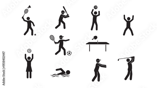 Sports icons set with people playing badminton, baseball, basketball, tennis, swimming, soccer, volleyball, table tennis, and golf