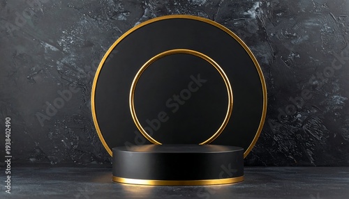 Black cylindrical pedestal with golden accents stands before matching ring & textured dark background