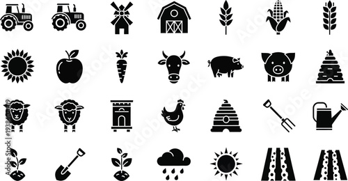 Collection of farm and garden icons in black and white
