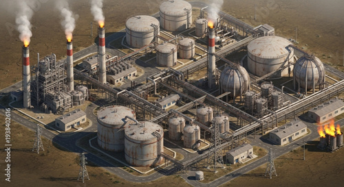 Industrial Oil Refinery Complex with Smokestacks and Storage Tanks.