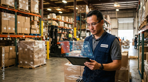 Warehouse worker analyzing inventory data on tablet in storage facility  