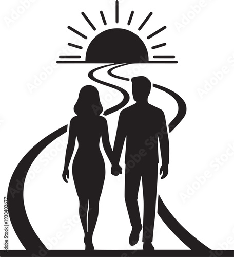 Wallpaper Mural Silhouette illustration of a man and woman holding hands under an umbrella as a couple in love, featuring black vector art of people and family Torontodigital.ca