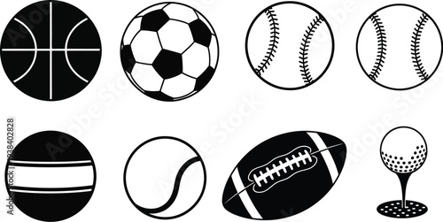 This modern vector illustration presents a diverse collection of sports equipment icons, including basketball, soccer, baseball, and golf, perfect for athletic design projects.