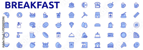 Breakfast icon set color lineal style with pancake, omelette, toast, cereal, coffee, tea, bacon, egg, waffle, bagel, croissant, donut, fruit, smoothie, yogurt icons
