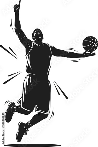 Dynamic vector illustration graphic showcasing a triumphant basketball player in mid-air celebrating a perfect shot with raised arm and ball
