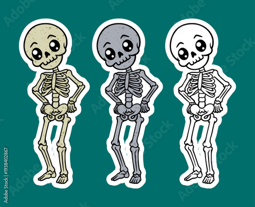Shy skeleton standing with a tilted head cartoon character
