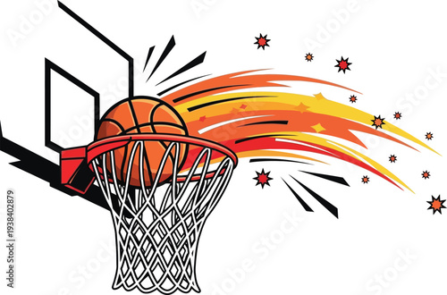 Dynamic vector illustration graphic capturing a fiery basketball soaring powerfully through the net with speed lines and sparks