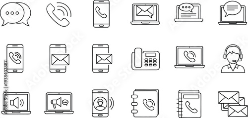 Communication and Contact Technology Icon Set with Chat Message Phone Call Email Smartphone Laptop Support Vector Collection