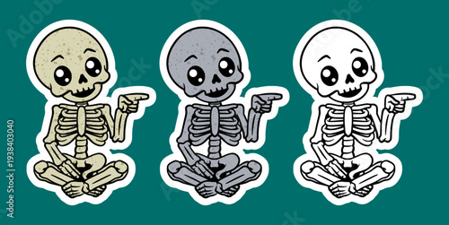 Skeleton sitting cross legged pointing sideways cartoon character