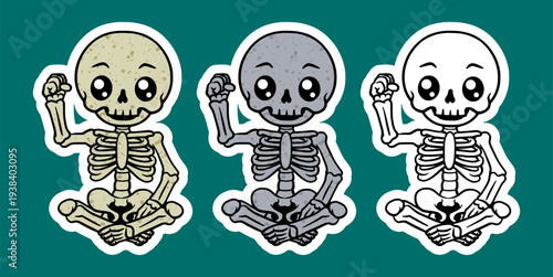 Skeleton sitting cross legged cheering with a raised fist cartoon character