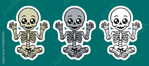 Skeleton sitting cross legged raising both hands cartoon character