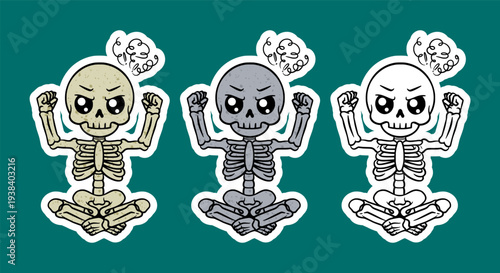 Angry skeleton sitting cross legged with clenched fists cartoon character