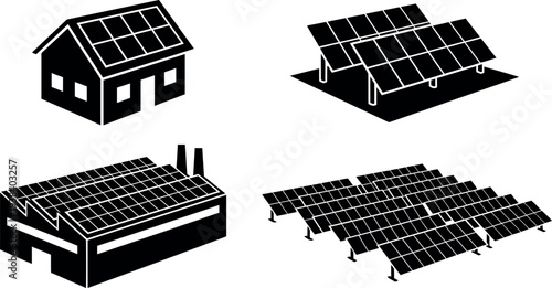 Solar Energy Icon Set - Renewable Power for House, Factory, and Solar Farm Vector Art