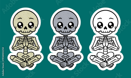Skeleton sitting cross legged with hands together cartoon character