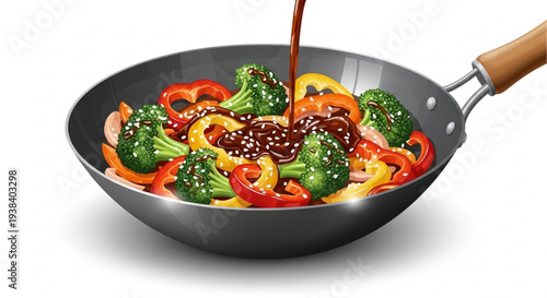 Stir fry vegetables in wok with soy sauce broccoli bell peppers healthy cooking colorful food culinary art kitchen cooking oil asian cuisine