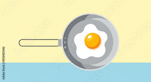Fried egg in a gray frying pan on a yellow and blue background breakfast concept