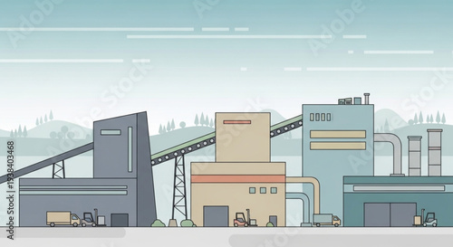 Industrial Factory Buildings with Conveyor Belts and Smokestacks.