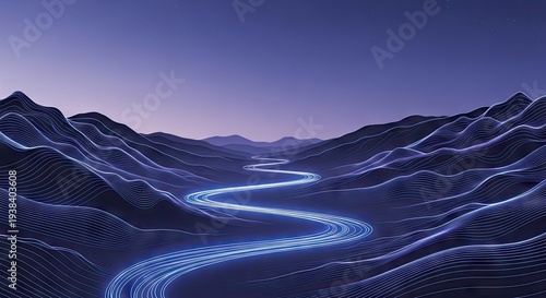 Winding Path Through Dark Hills Under Purple Sky