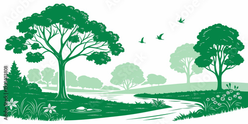 a green landscape with trees and a winding path Vector