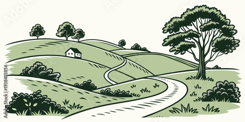 a green hillside with a winding path and trees Vector
