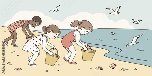 Children and dog playing on the beach with a frisbee Vector