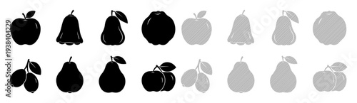 A collection of silhouette fruit icons, showcasing apples, pears, and other varieties in black and grey