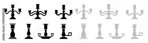 Collection of elegant candelabras and candlesticks in silhouette, fading to gray