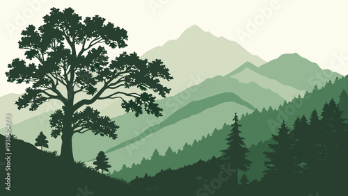 A majestic tree stands tall against a backdrop of rolling green mountains. Vector