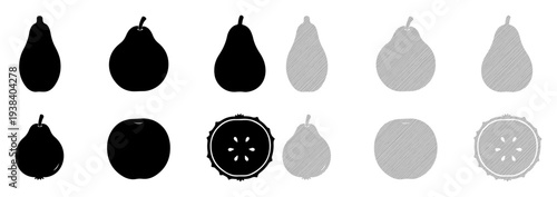 Abstract collection of pear and apple silhouettes in contrasting black and grey tones