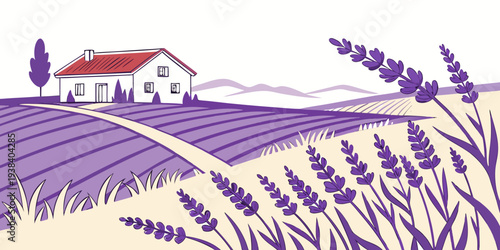 A horse gallops through a vast field of purple flowers under a clear sky Vector