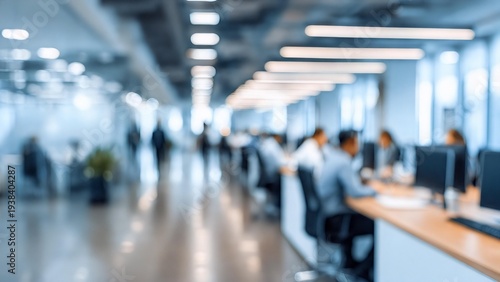 Soft-focus office interior with blurred professionals at workstations — calm, modern corporate ambiance for background use