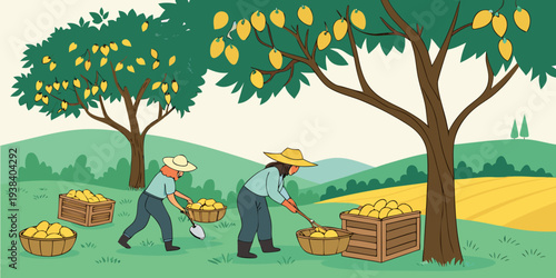 A vibrant and bustling outdoor market scene with various people and stalls under a tree. Vector