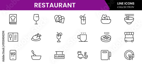 Restaurant line icons set. Restaurant, menu, cooking, drink, chef, table, cafeteria, wine, dish, and eating. Vector illustration