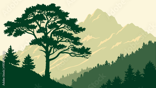 A majestic tree standing tall on a mountain peak with a forest in the background Vector