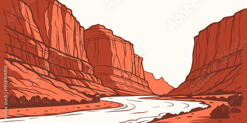 A vast desert landscape with towering red rock formations and a winding river. Vector
