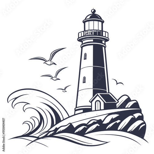A serene lighthouse standing tall amidst crashing waves and flying seabirds. Vector