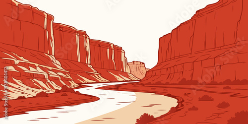 A serene canyon landscape with vibrant red rock formations and a winding river. Vector