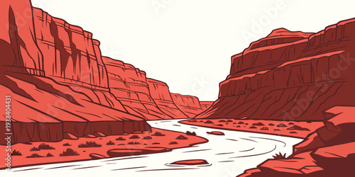A breathtaking view of a deep canyon with red rock formations and a winding river below Vector