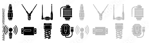 Collection of diverse radio antennas and wireless communication devices in black and white.