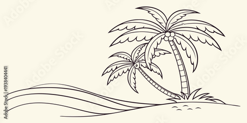 A serene beach scene with a single palm tree standing tall on the shore Vector