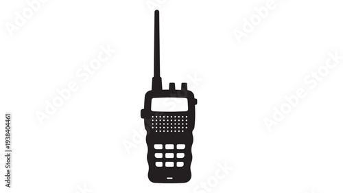 Radio portable black silhouette with antenna and keypad, communication device icon featuring walkie talkie, technology, electronics with signal and