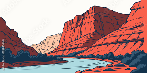 A serene landscape of red rock formations and a calm river under a clear blue sky Vector