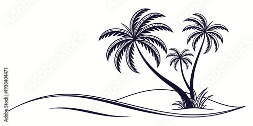Three palm trees swaying gently on a sandy beach with waves in the background Vector