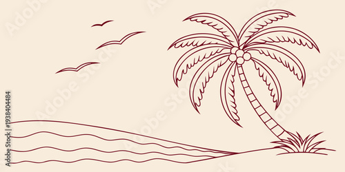 Palm tree with birds flying over a calm beach with gentle waves Vector
