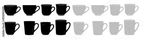 Array of black and white ceramic mugs in rows, a simple visual contrast.
